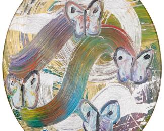 2075 Hunt Slonem (b. 1951) "Tondo Totem," 2020 Oil and metallic pigments on panel Signed, titled, dated, and inscribed, all verso: Hunt Slonem / 2020 / © / "CSR2116" 23 3/4 x 20 in. (oval) Estimate: $6,000 - $8,000