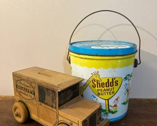 Armour wooden bank, Vintage Peanut Butter Tin