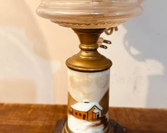 Electrified Oil Lamp with Winter Scene