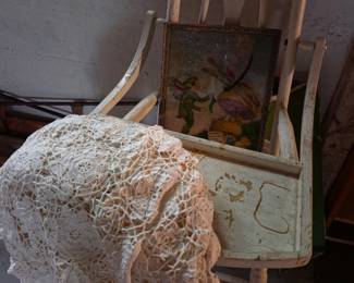 Antique High Chair and Crocheted Blanket