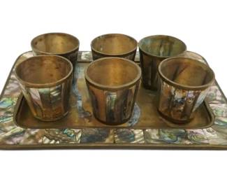 Vintage Brass Inlaid Abalone Shell Tray Shot Glasses