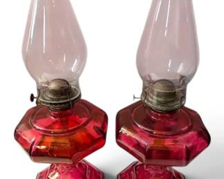 Pair of Red Glass Oil Lamps