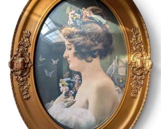 GoldToned Oval Portrait of Woman Butterflies
