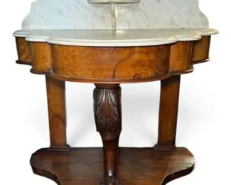 Antique Marble Top DemiLune Console Table w Carved Wooden Base
