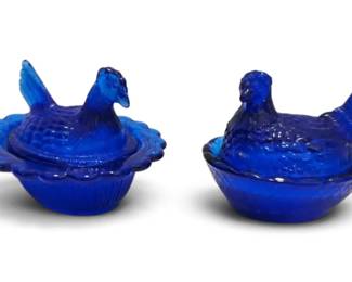 Miniature Cobalt Blue Glass Hens on Nests