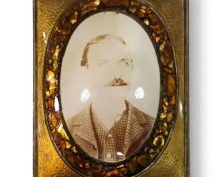 Vintage Portrait in Convex Glass Frame w Inlaid Abalone Shell 10 x 12