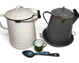 Antique Steel Kettles, Strainer, Spoons, More