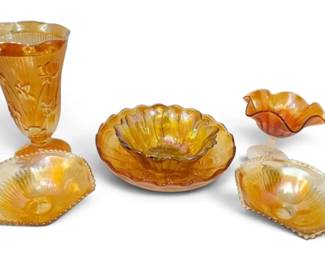 Marigold Carnival Glass Iris Vase, Candy Dishes More