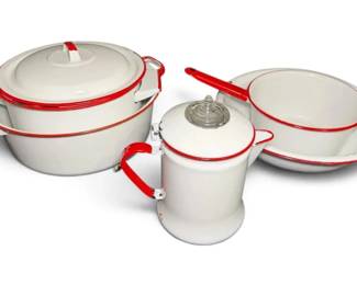 Antique White Red Painted Steel Pots, Kettle, More