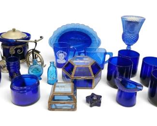Cobalt Blue Glass Tricycle Canister, Glasses, Trinkets More