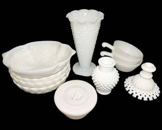 Milk Glass Bubble Bowls, Vase, Grape Pattern Bowl, Candle Holder, More