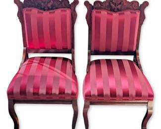 Pair of Antique Victorian Carved Ornate Wooden Chairs w Red Damask Upholstery