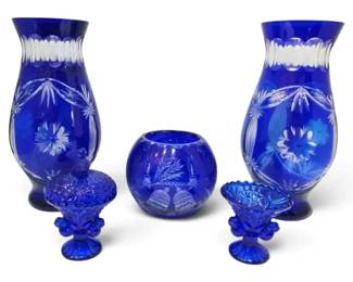Cobalt Blue Cut To Clear Glass Vases, Rose Bowl More
