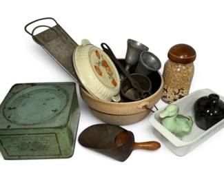 Antique Rustic Kitchen Tins, Ceramics, More