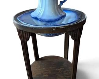 Vintage Blue White Porcelain Water Pitcher Wash Basin Set w Wooden Stand