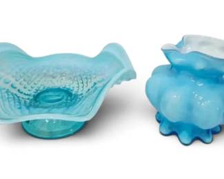 Northwood Glass Argonaut Shell Blue Opalescent Bowl Blue Art Glass Pitcher