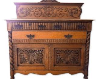 Antique Oak Sideboard Buffet Cabinet w Barley Twist Columns Ornate Carvings