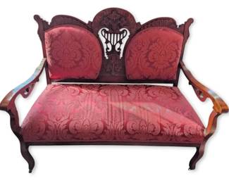 Antique Victorian Carved Ornate Wooden Settee Loveseat w Red Damask Upholstery