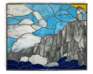 Stained Glass Coastal Cliffside Lighthouse Art Panel 22 x 28