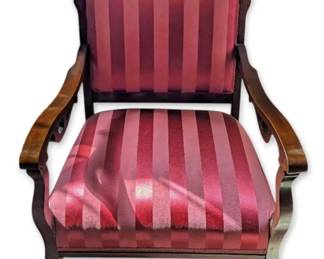 Antique Victorian Carved Ornate Wooden Armchair w Red Damask Upholstery