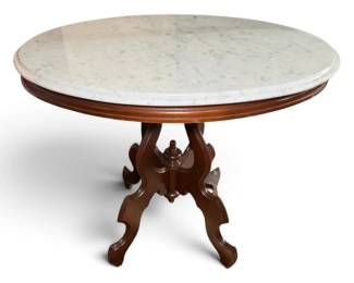 VictorianStyle Round Marble Top Side Table w Carved Wooden Base