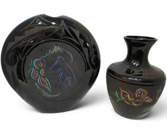 Native American Black Pottery Vases Signed