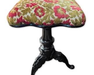 Antique Victorian Cast Iron Piano Stool w Green Red Floral Upholstery