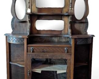 Antique TripleMirror Carved Wooden Sideboard Cabinet