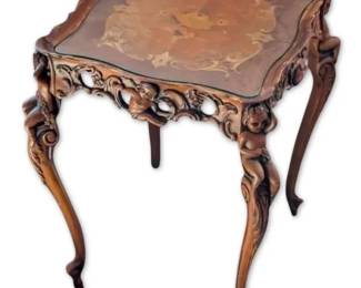 Antique Renaissance Style Wooden Occasional Table w Carved Cupid Cabriole Legs Floral Inlay Top