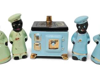 Vintage Black Americana Ceramic Salt Pepper Shakers w Matching Stove Container