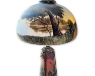 Antique ReversePainted Glass Landscape Table Lamp