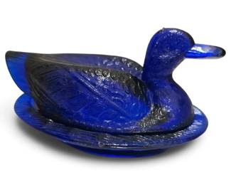 Vintage Cobalt Blue Glass Duck on Nest