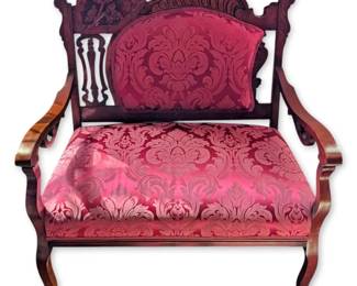 Antique Victorian Carved Ornate Wooden Settee Parlor Chair w Red Damask Upholstery