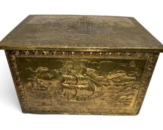 Wood Storage Box W Pressed Copper Ship Designs