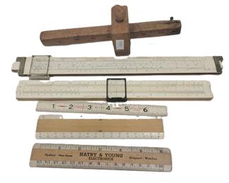 VINTAGE SLIDE RULES, SCRIBE, AND RULERS