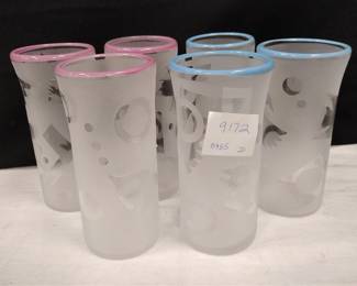 SET OF SIX FROSTED GLASS TUMBLERS WITH ABSTRACT DESIGNS