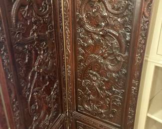 Antique Finely Carved Rosewood Four Panel Screen
