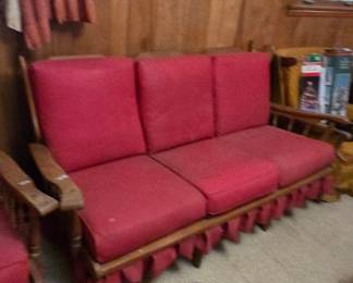 #70 Vintage wood and vinyl red sofa 68" (as-is finish) $35.00