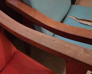 #73 Pair mid century modern wood and vinyl chairs (as-is ripped seats/wood finish) $40.00