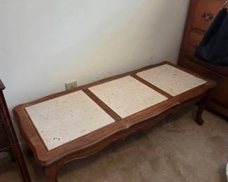 #63 Coffee table with marble inserts 48x19x15 (as-is finish and crack in marble) $25.00