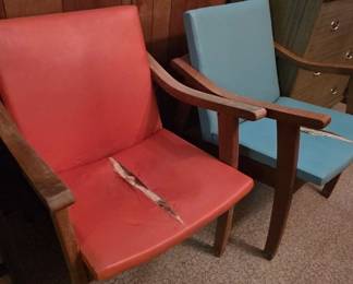 #73 Pair mid century modern wood and vinyl chairs (as-is ripped seats/wood finish) $40.00