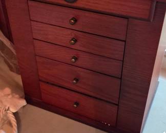 #149 Mutli-tier wooden jewelry box 5 drawers and 2 pull-up holders with mirror with key $35.00