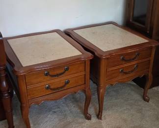 #7 Vintage wood end tables marble top sold as pair 1 drawer 22x26x23 $125.00