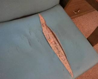 #73 Pair mid century modern wood and vinyl chairs (as-is ripped seats/wood finish) $40.00
