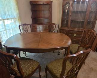 #15 Lenoir Furniture Company dining table with one leaf 6 chairs 61" (+12)x42x30 (one captain of the 6) $225.00