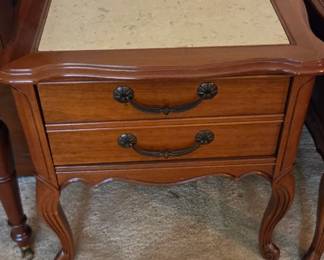 #7 Vintage wood end tables marble top sold as pair 1 drawer 22x26x23 $125.00