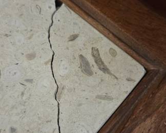 #63 Coffee table with marble inserts 48x19x15 (as-is finish and crack in marble) $25.00