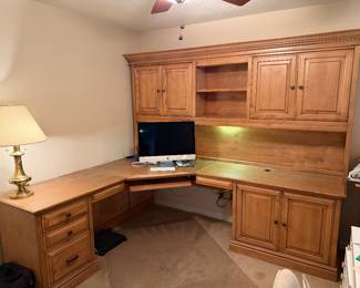 Over the top, very beautiful Stone creek L shaped desk with upper storage