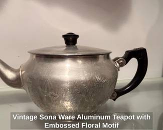 Vintage Sona Ware Aluminum Teapot with Embossed Floral Motif
