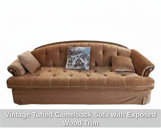 Vintage Tufted Camelback Sofa with Exposed Wood Trim